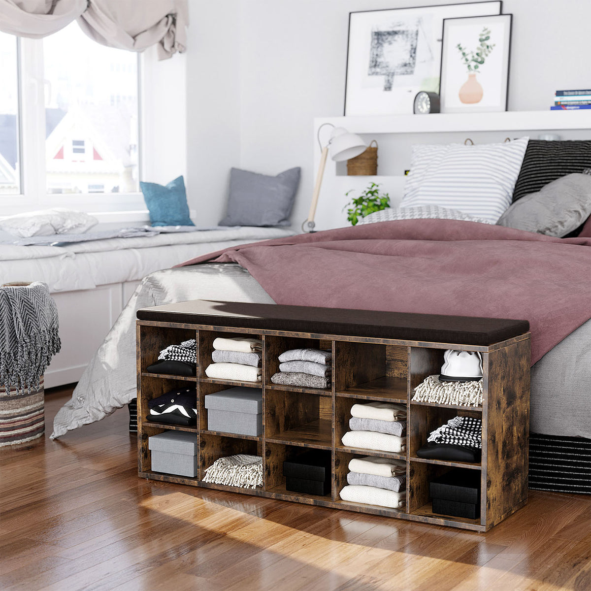 Shoe Bench with Cushion, 15-Cube Storage Bench, Holds up to 440 lb