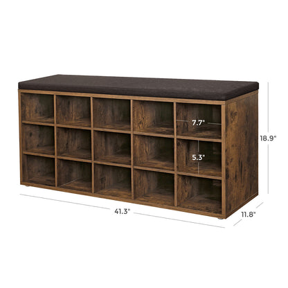Shoe Bench with Cushion, 15-Cube Storage Bench, Holds up to 440 lb