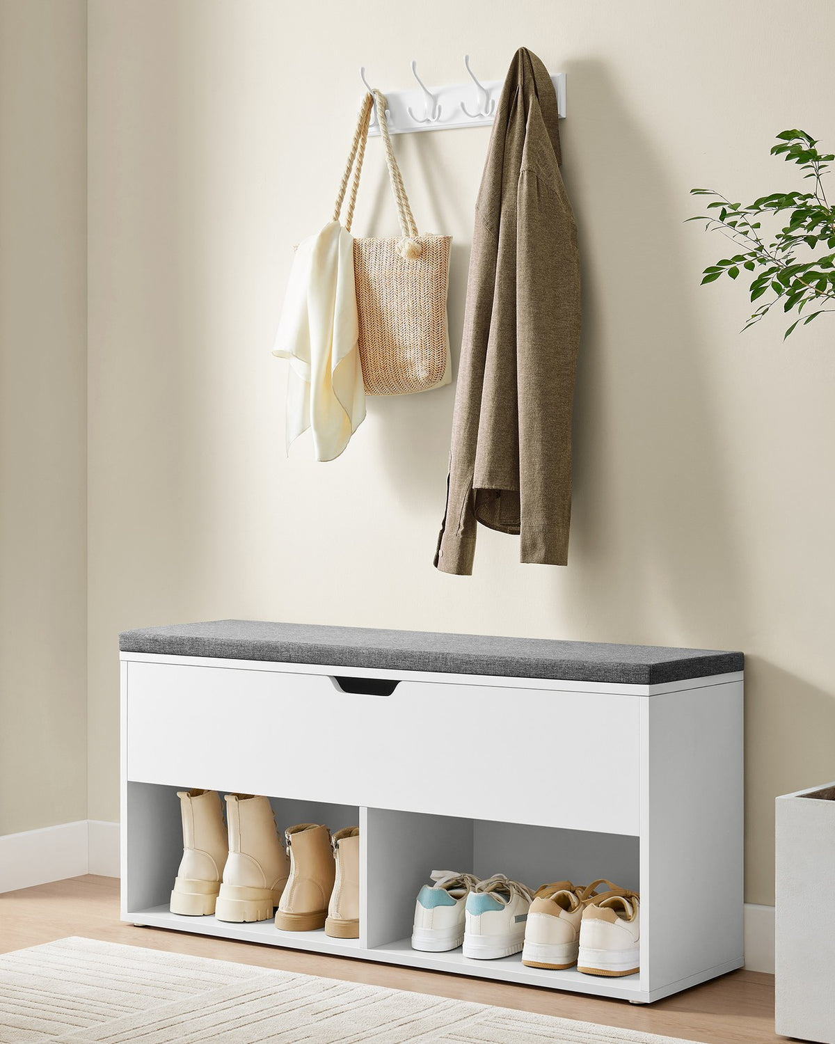 Shoe Bench, Storage Bench with 2 Open and 1 Closed Compartments, Shoe Shelf