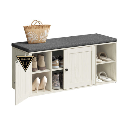 Storage Bench, Superfast Toolless Assembly, 41" Wide Entryway Shoe Bench with Cushion & Adjustable Shelves, Shoe Rack Cabinet, Snow White and Slate Gray - Rustic White + Slate Gray / 14"D x 40.2"W x 17.3"H with 2 Doors