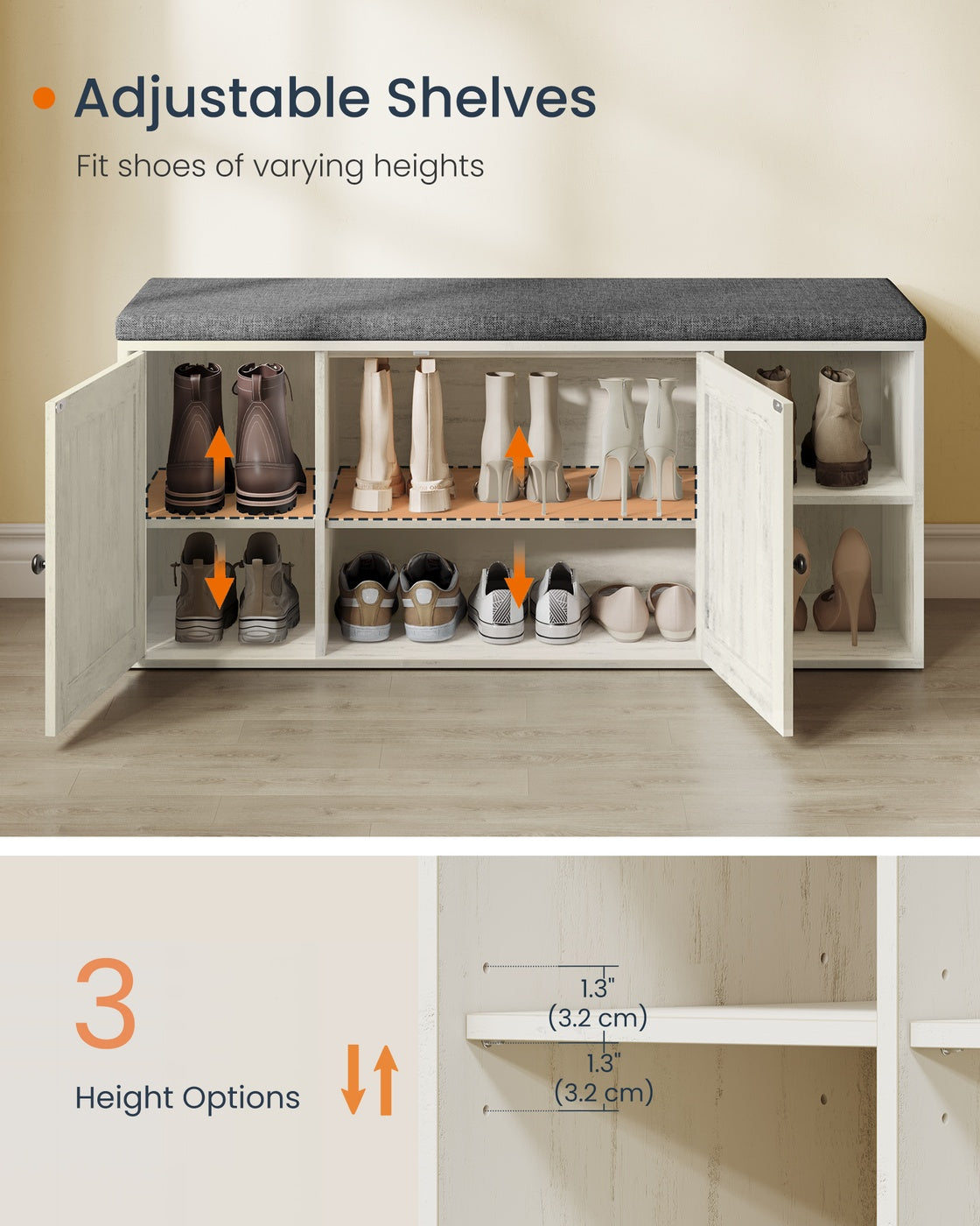 Storage Bench, Superfast Toolless Assembly, 41" Wide Entryway Shoe Bench with Cushion & Adjustable Shelves, Shoe Rack Cabinet, Snow White and Slate Gray