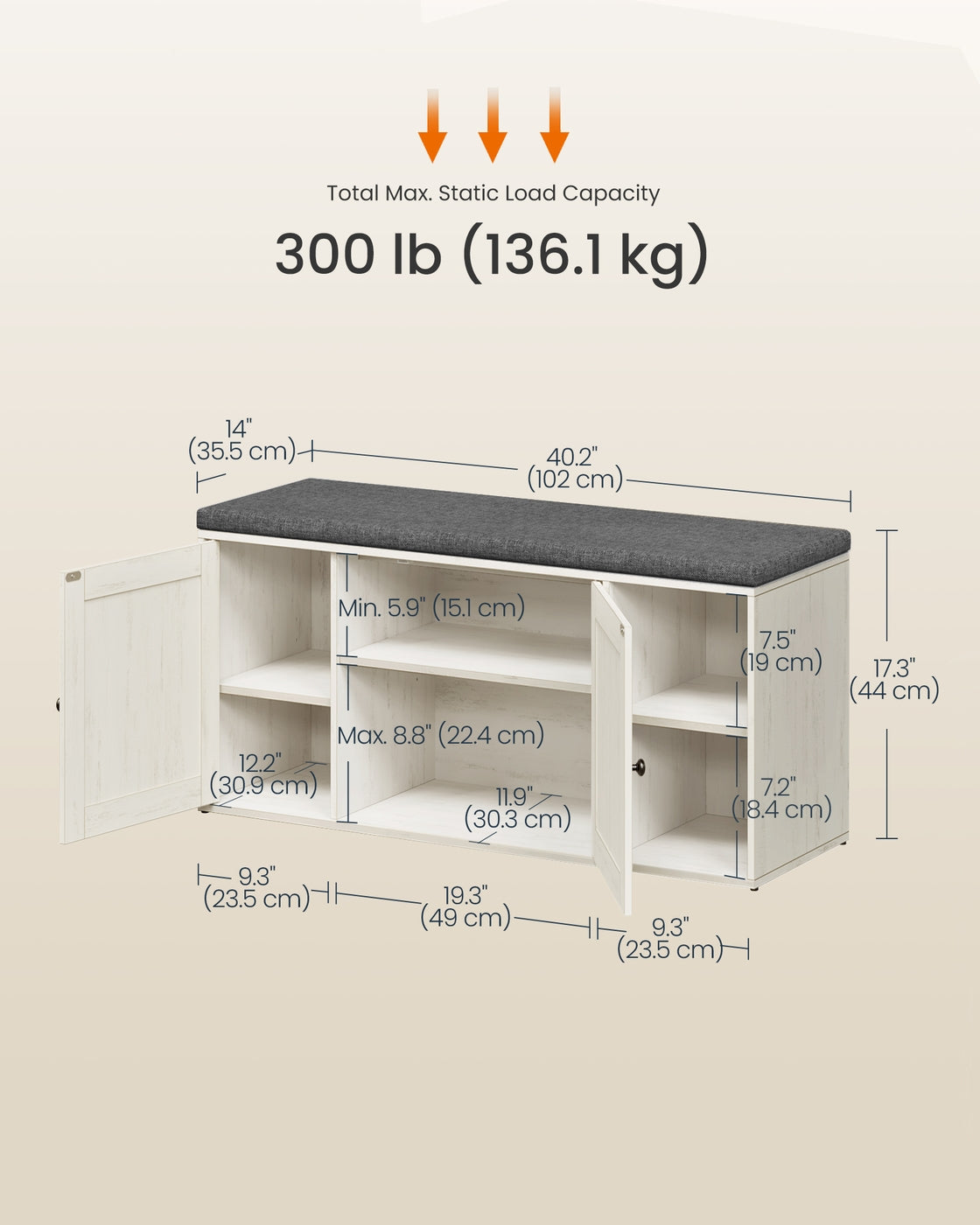 Storage Bench, Superfast Toolless Assembly, 41" Wide Entryway Shoe Bench with Cushion & Adjustable Shelves, Shoe Rack Cabinet, Snow White and Slate Gray