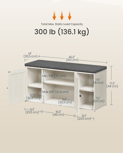 Storage Bench, Superfast Toolless Assembly, 41" Wide Entryway Shoe Bench with Cushion & Adjustable Shelves, Shoe Rack Cabinet, Snow White and Slate Gray