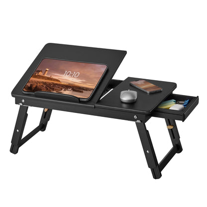Multi Function Lapdesk Table Bed Tray Foldable Adjustable Breakfast Table Tilting Top with Storage Drawer Bamboo Wood Natural