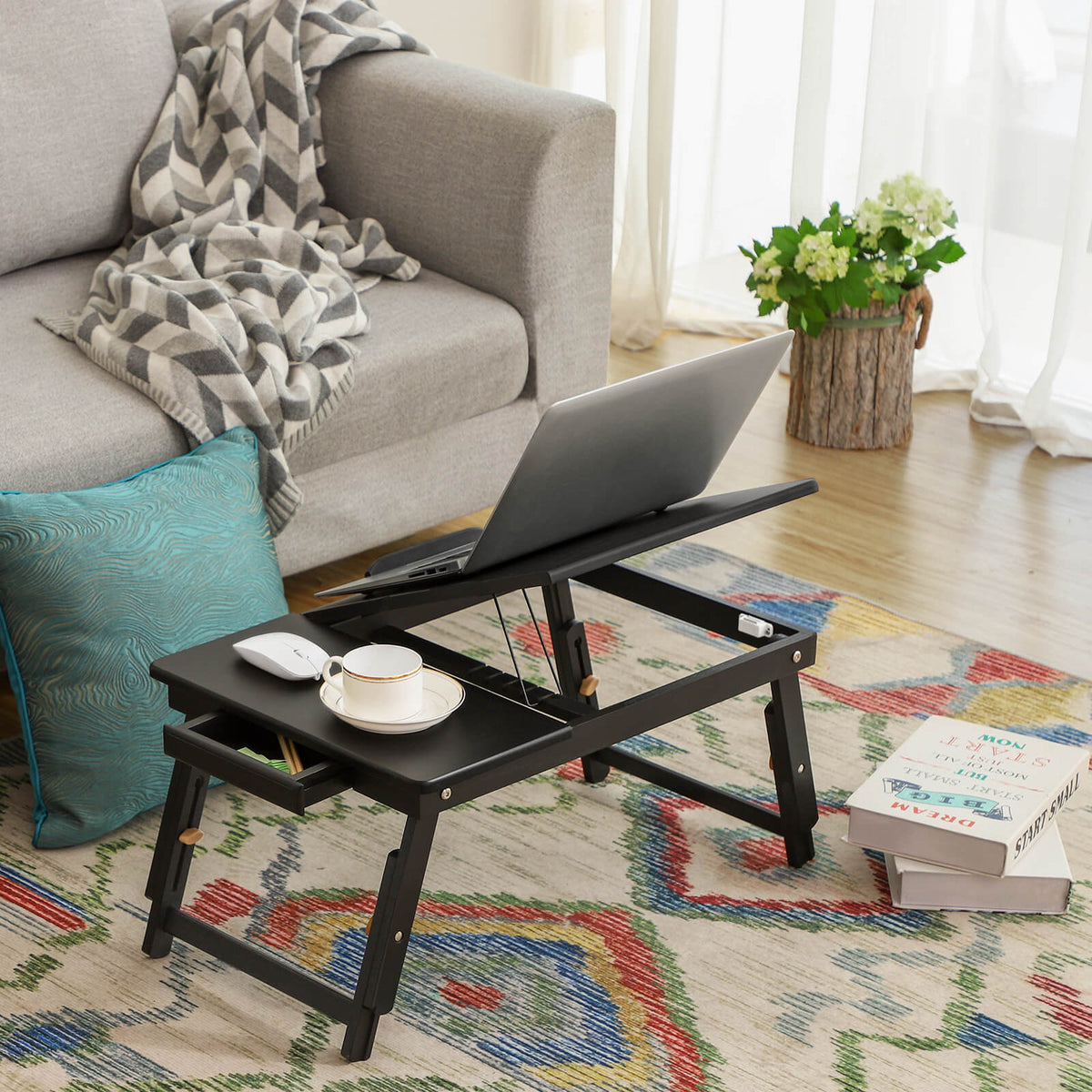 Multi Function Lapdesk Table Bed Tray Foldable Adjustable Breakfast Table Tilting Top with Storage Drawer Bamboo Wood Natural
