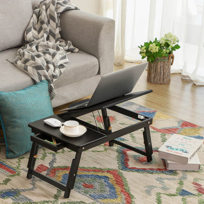 Multi Function Lapdesk Table Bed Tray Foldable Adjustable Breakfast Table Tilting Top with Storage Drawer Bamboo Wood Natural