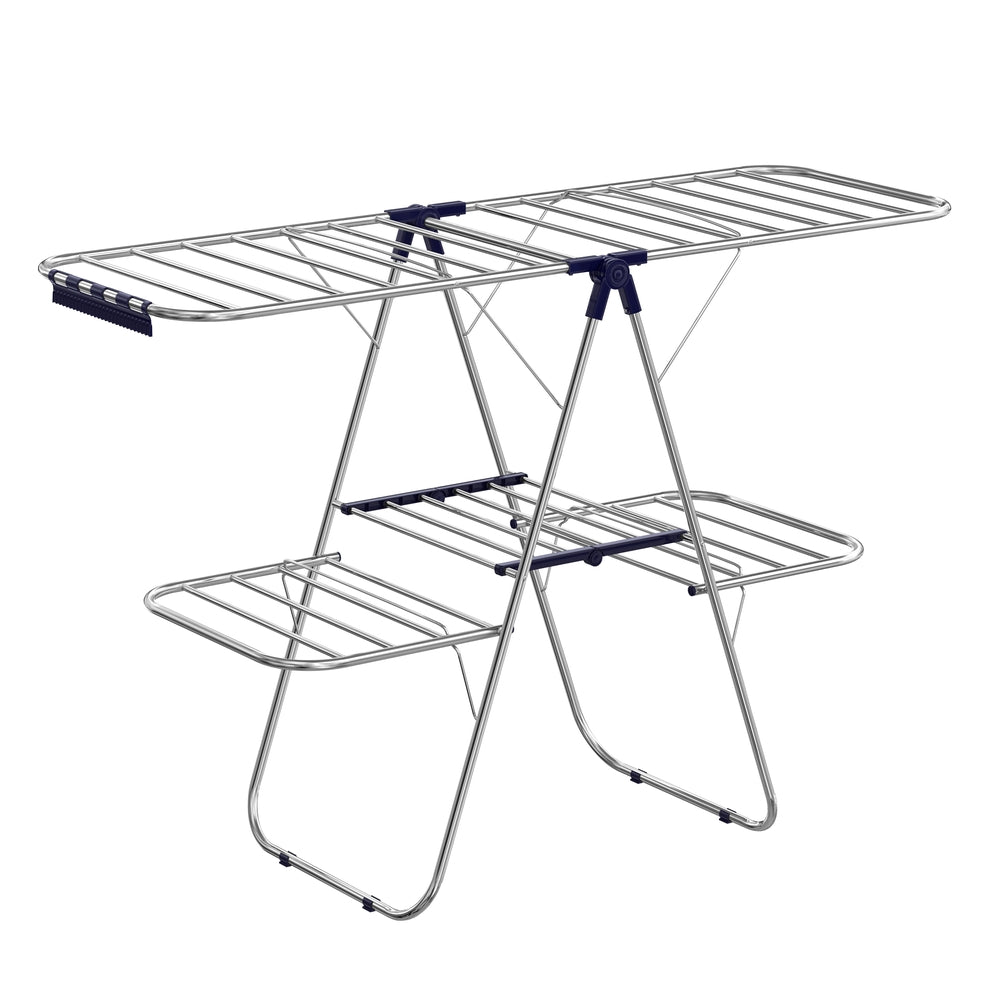 2-Level Clothes Drying Rack, Stainless Steel Laundry Rack with Height-Adjustable Wings, Free-Standing Laundry Stand
