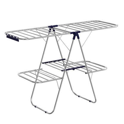 2-Level Clothes Drying Rack, Stainless Steel Laundry Rack with Height-Adjustable Wings, Free-Standing Laundry Stand
