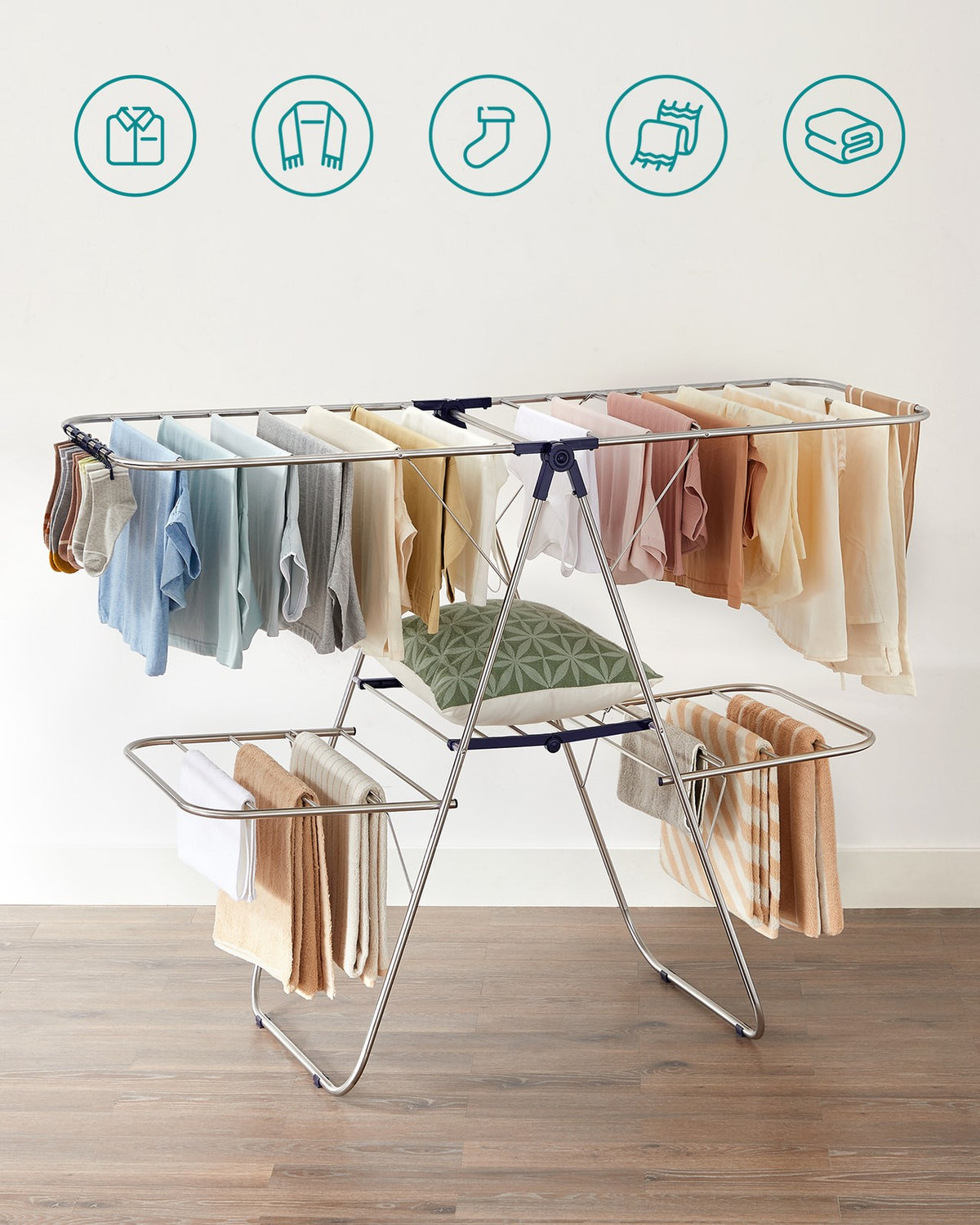 2-Level Clothes Drying Rack, Stainless Steel Laundry Rack with Height-Adjustable Wings, Free-Standing Laundry Stand