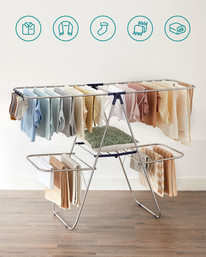 2-Level Clothes Drying Rack, Stainless Steel Laundry Rack with Height-Adjustable Wings, Free-Standing Laundry Stand