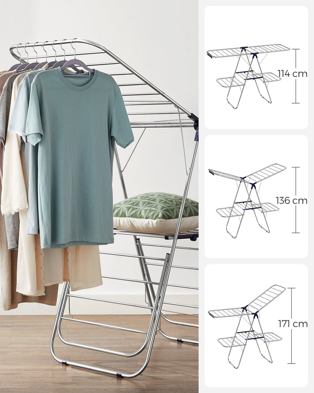 2-Level Clothes Drying Rack, Stainless Steel Laundry Rack with Height-Adjustable Wings, Free-Standing Laundry Stand
