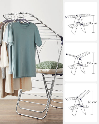 2-Level Clothes Drying Rack, Stainless Steel Laundry Rack with Height-Adjustable Wings, Free-Standing Laundry Stand