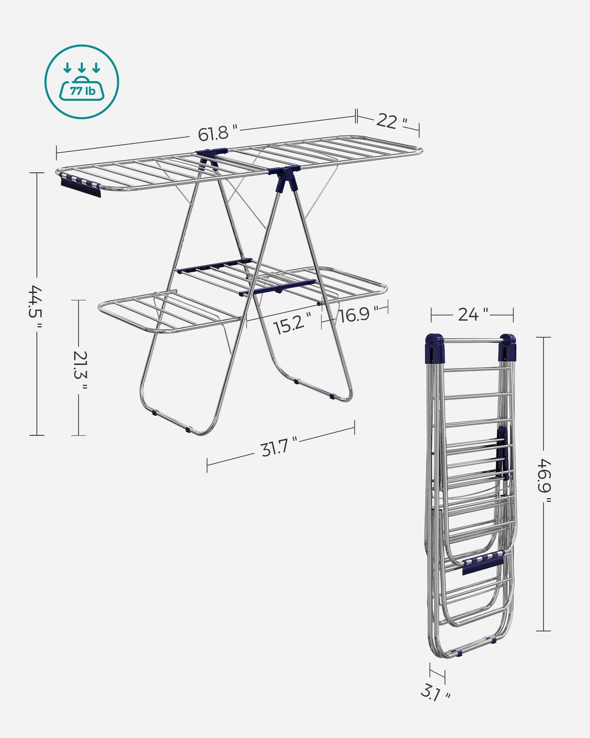 2-Level Clothes Drying Rack, Stainless Steel Laundry Rack with Height-Adjustable Wings, Free-Standing Laundry Stand