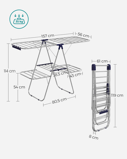 2-Level Clothes Drying Rack, Stainless Steel Laundry Rack with Height-Adjustable Wings, Free-Standing Laundry Stand