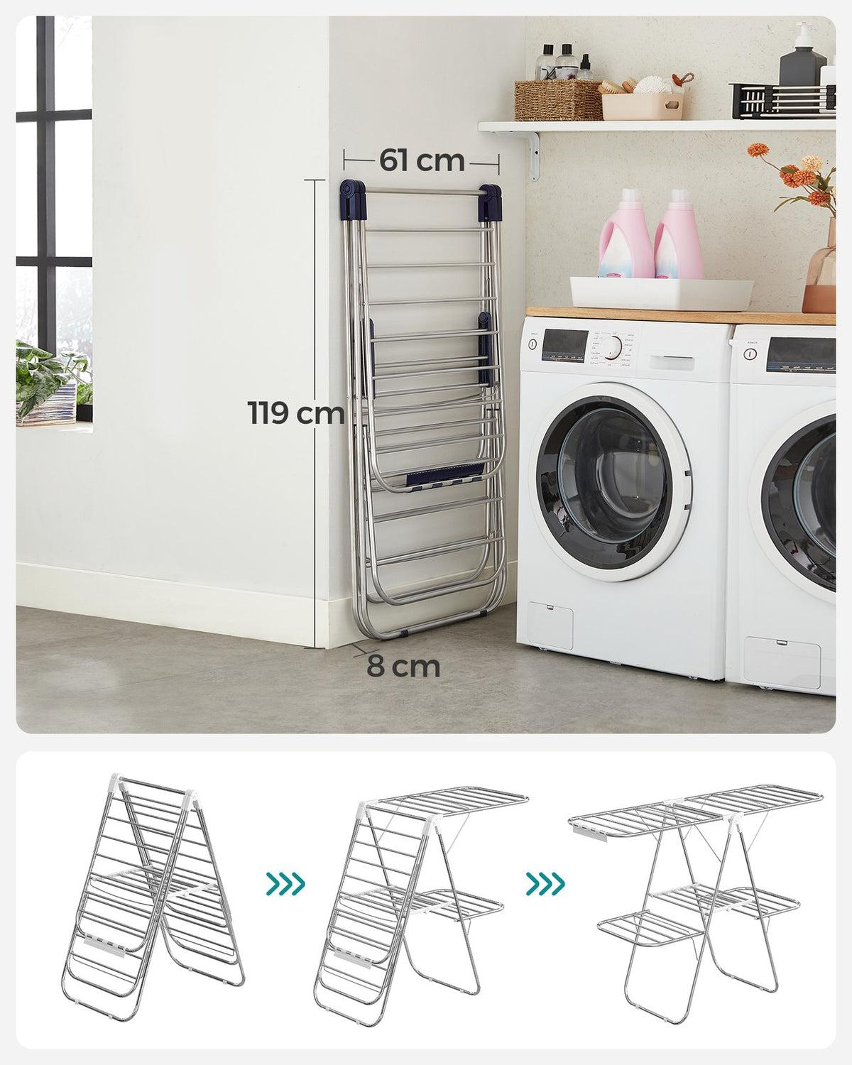 2-Level Clothes Drying Rack, Stainless Steel Laundry Rack with Height-Adjustable Wings, Free-Standing Laundry Stand