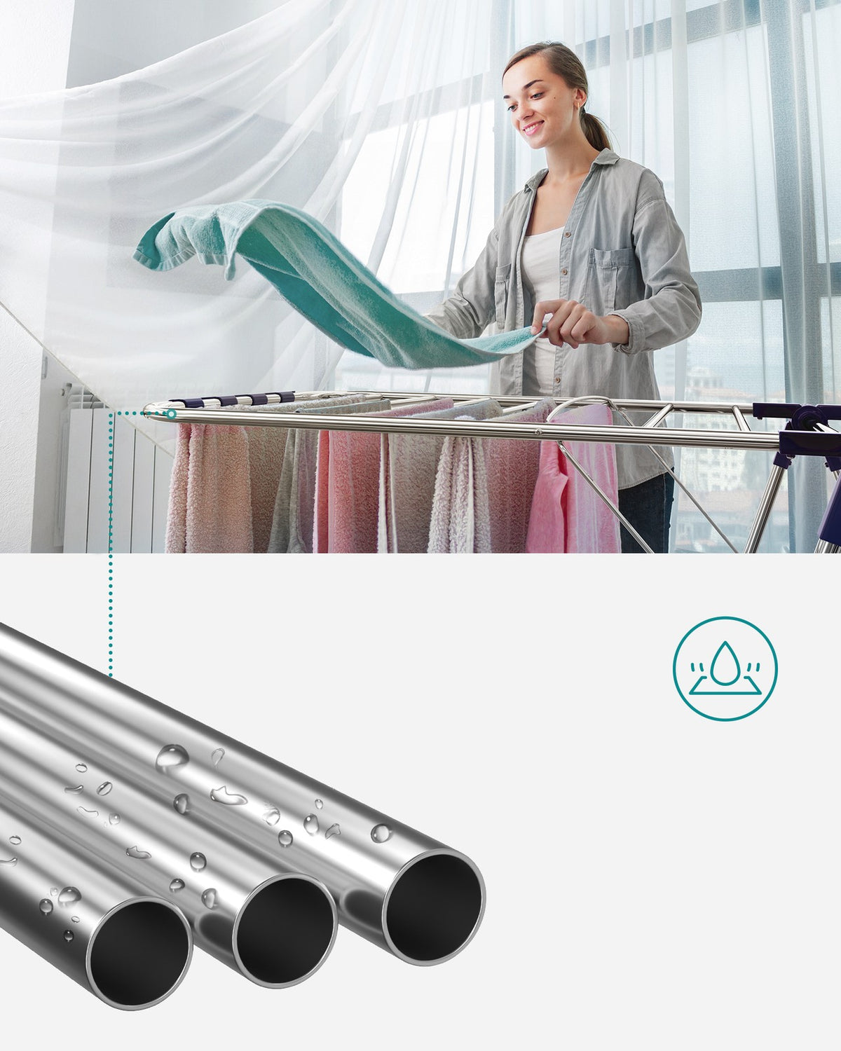2-Level Clothes Drying Rack, Stainless Steel Laundry Rack with Height-Adjustable Wings, Free-Standing Laundry Stand