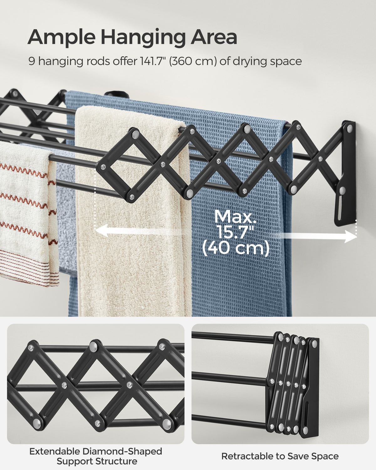 Wall-Mounted Expandable Steel Clothes Drying Rack with 9 Hanging Rods