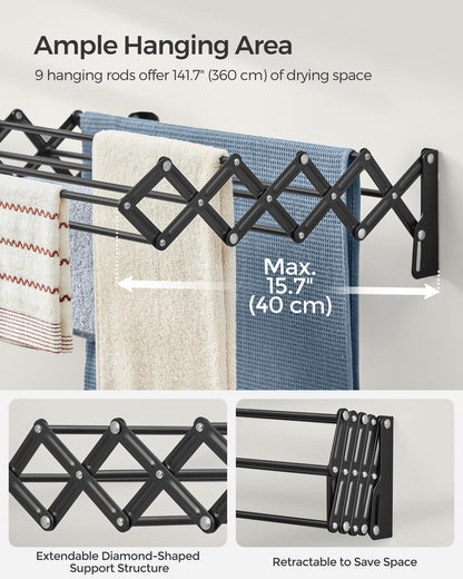 Wall-Mounted Expandable Steel Clothes Drying Rack with 9 Hanging Rods