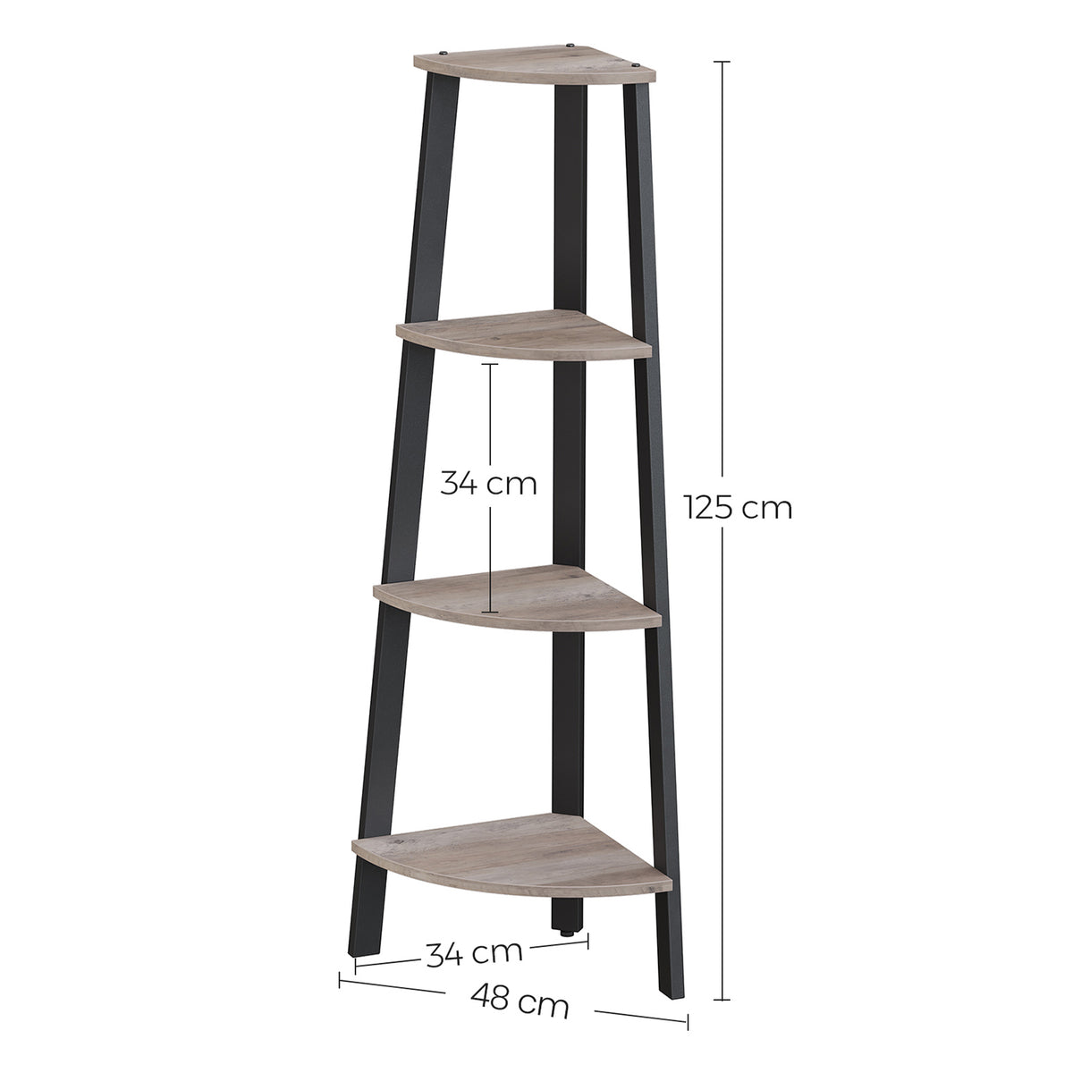 HWLEXTRA Corner Shelf, 4-Tier Bookcase, Storage Rack, Plant Stand for Home Office, Industrial Accent Furniture with Steel Frame, Greige and Black