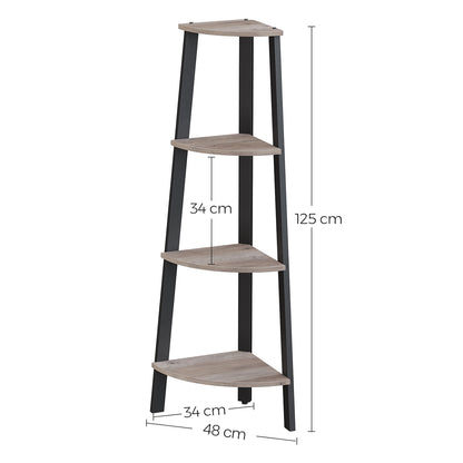 HWLEXTRA Corner Shelf, 4-Tier Bookcase, Storage Rack, Plant Stand for Home Office, Industrial Accent Furniture with Steel Frame, Greige and Black
