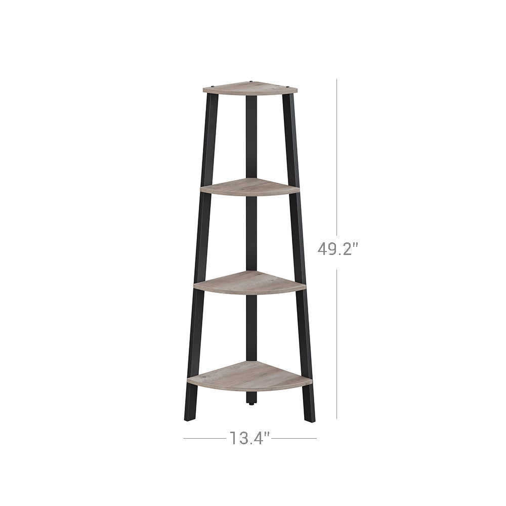 HWLEXTRA Corner Shelf, 4-Tier Bookcase, Storage Rack, Plant Stand for Home Office, Industrial Accent Furniture with Steel Frame, Greige and Black