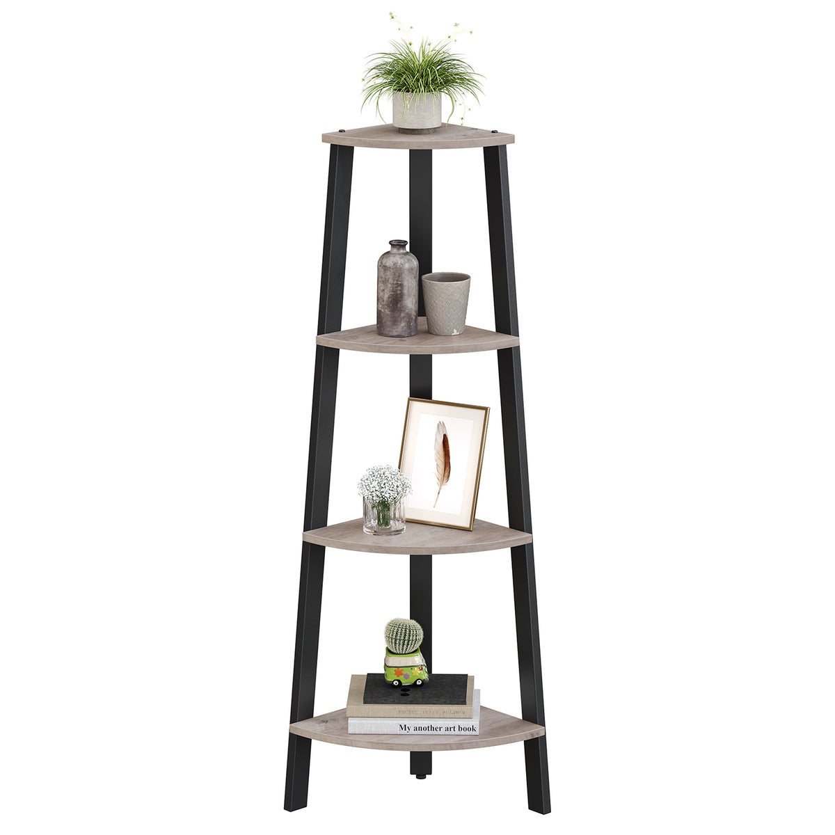 HWLEXTRA Corner Shelf, 4-Tier Bookcase, Storage Rack, Plant Stand for Home Office, Industrial Accent Furniture with Steel Frame, Greige and Black