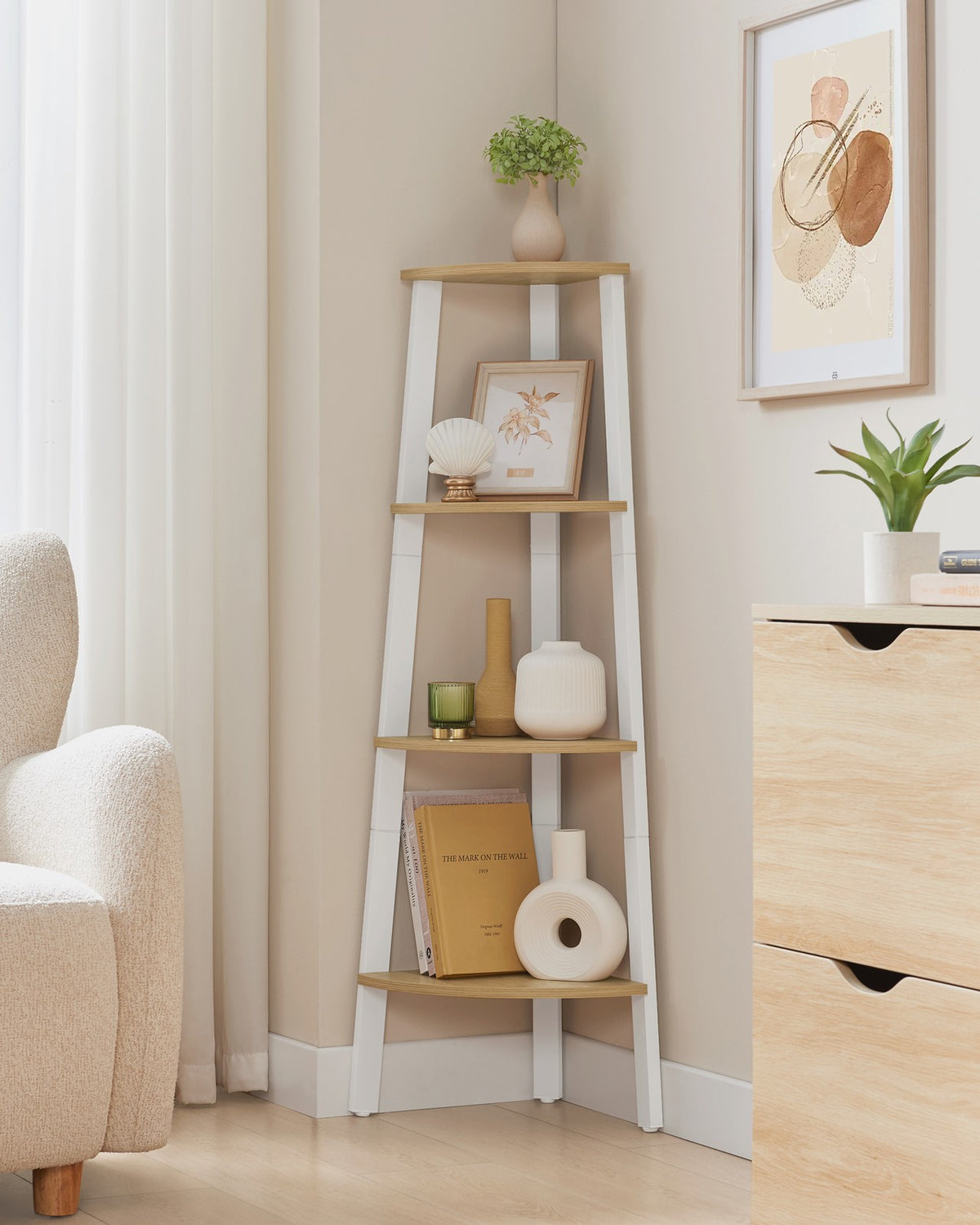 HWLEXTRA Corner Shelf, 4-Tier Bookcase, Storage Rack, Plant Stand for Home Office, Industrial Accent Furniture with Steel Frame, Greige and Black