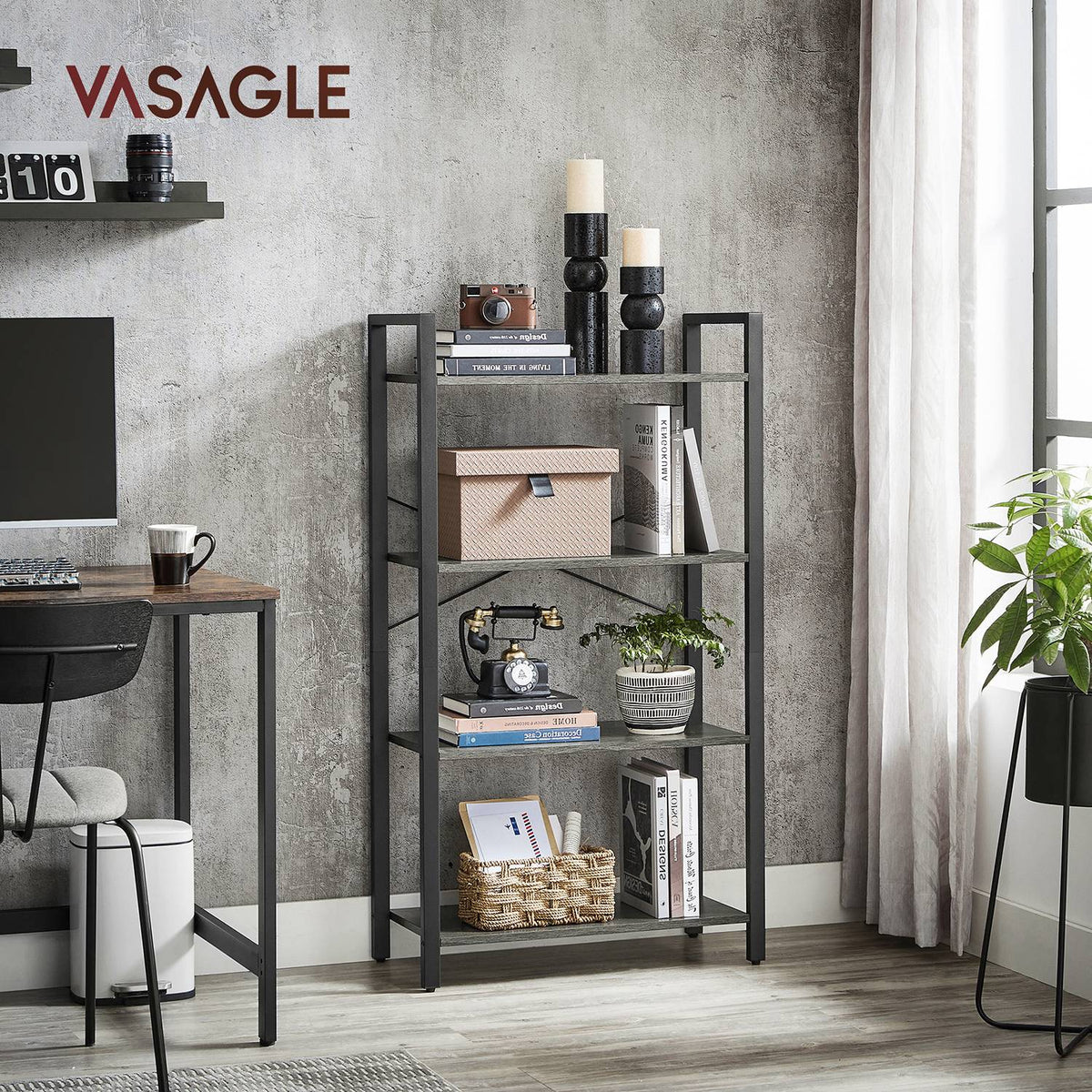 Bookshelf, 4-Tier Bookcase, Living Room Standing Unit Shelf