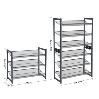 6-Tier Shoe Rack Storage, 3-Tier Shoe Racks for Closet, Set of 2, Metal Mesh, Flat or Angled Stackable Shoe Shelf Stand