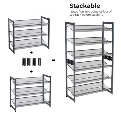 6-Tier Shoe Rack Storage, 3-Tier Shoe Racks for Closet, Set of 2, Metal Mesh, Flat or Angled Stackable Shoe Shelf Stand