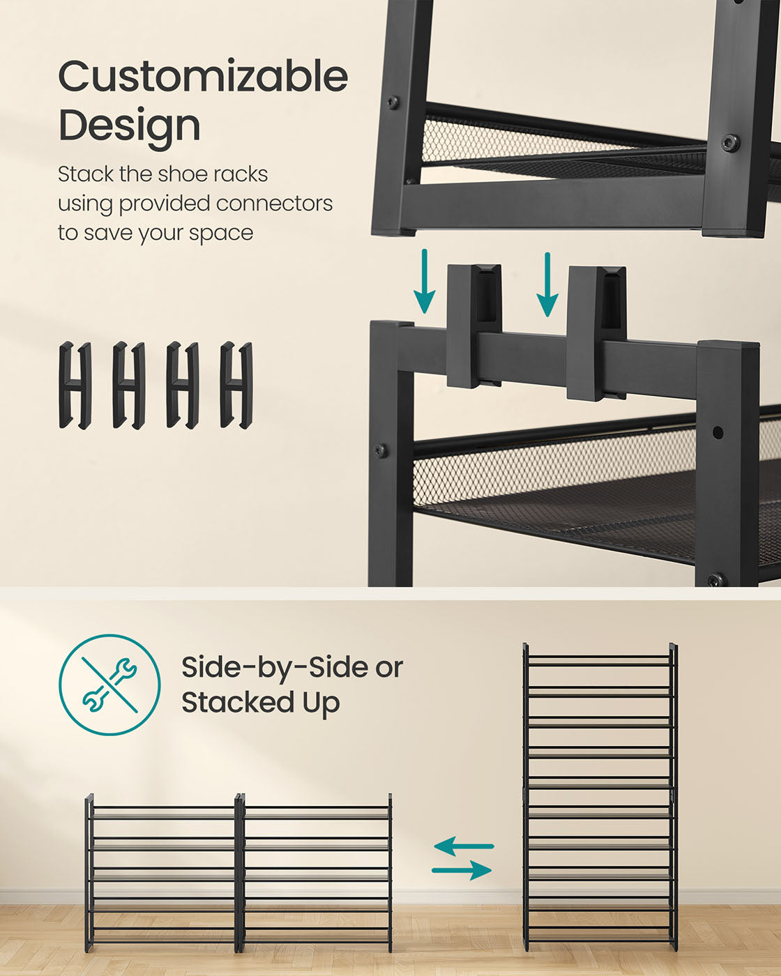 Shoe Rack, 8-Tier Shoe Organizer, Metal Shoe Storage for Garage, Entryway, Set of 2 4-Tier Stackable Shoe Shelf, with Adjustable Flat or Angled Shelves, Holds 32-40 Pairs, Black