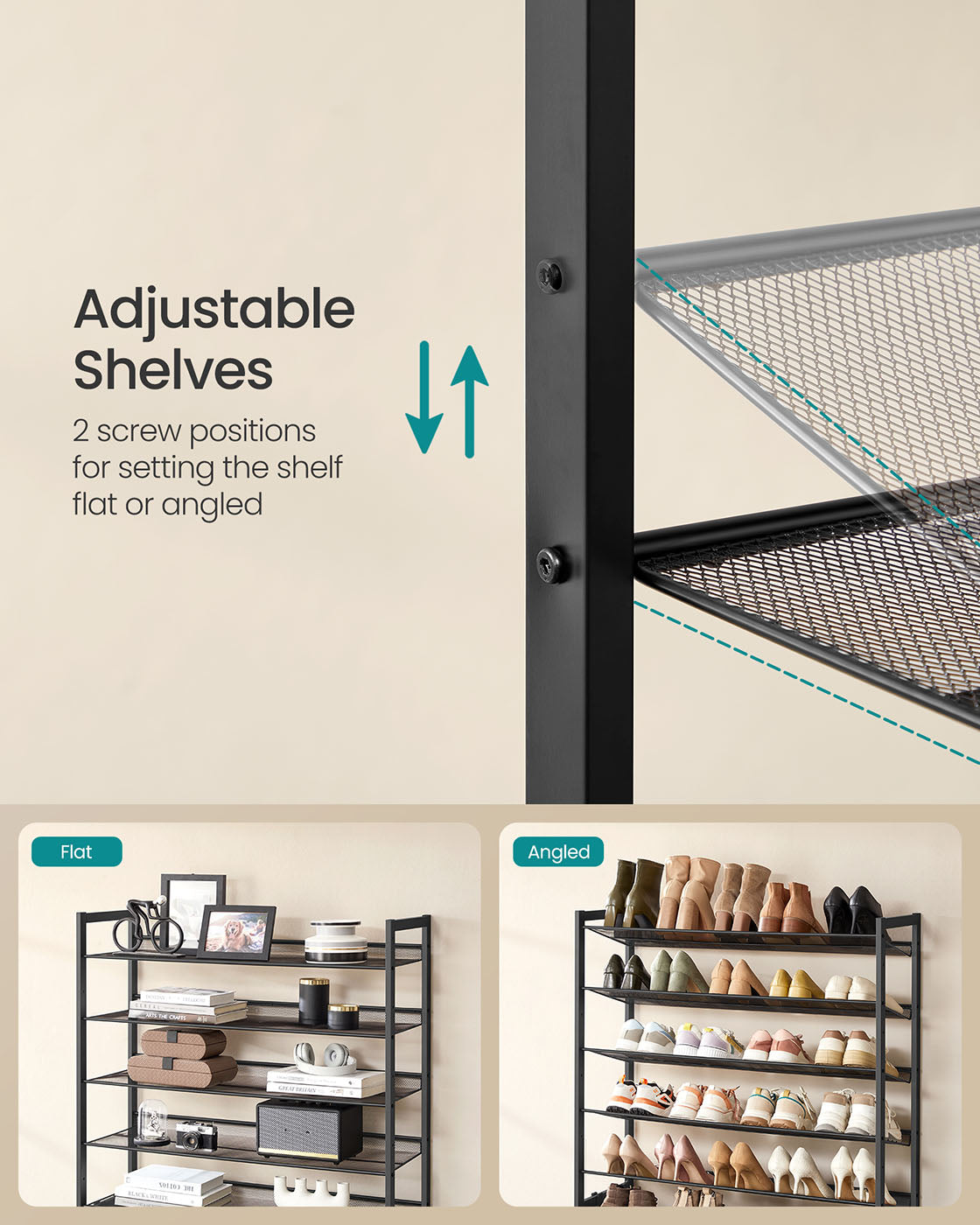 Shoe Rack, 8-Tier Shoe Organizer, Metal Shoe Storage for Garage, Entryway, Set of 2 4-Tier Stackable Shoe Shelf, with Adjustable Flat or Angled Shelves, Holds 32-40 Pairs, Black