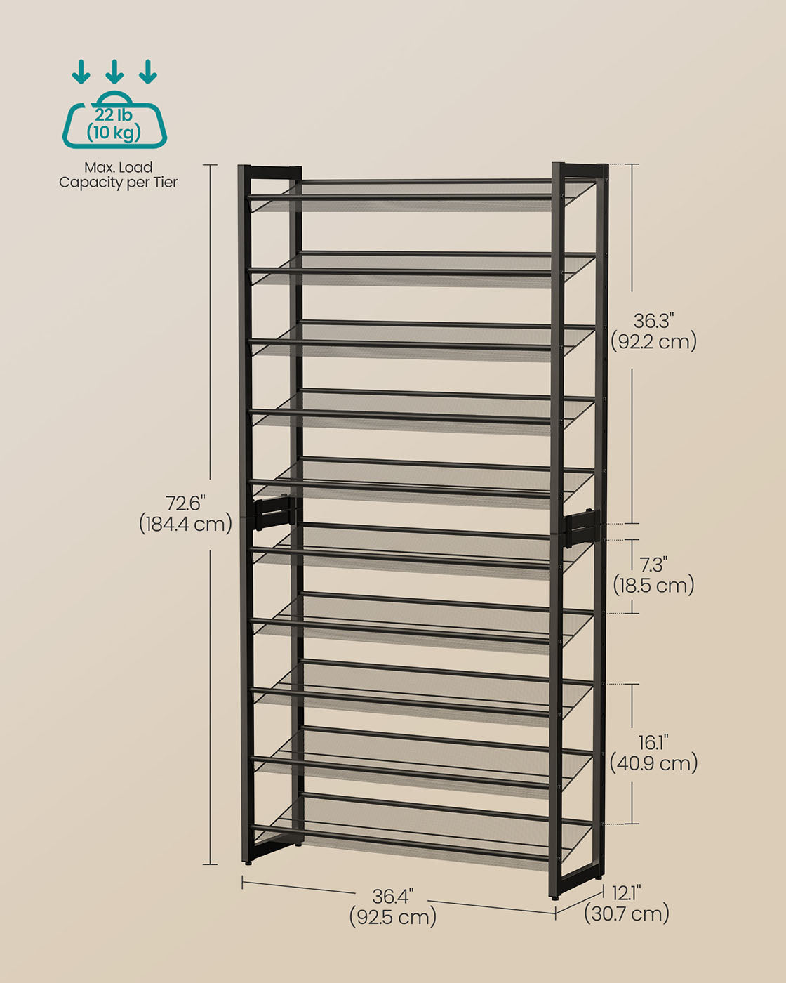 Shoe Rack, 8-Tier Shoe Organizer, Metal Shoe Storage for Garage, Entryway, Set of 2 4-Tier Stackable Shoe Shelf, with Adjustable Flat or Angled Shelves, Holds 32-40 Pairs, Black