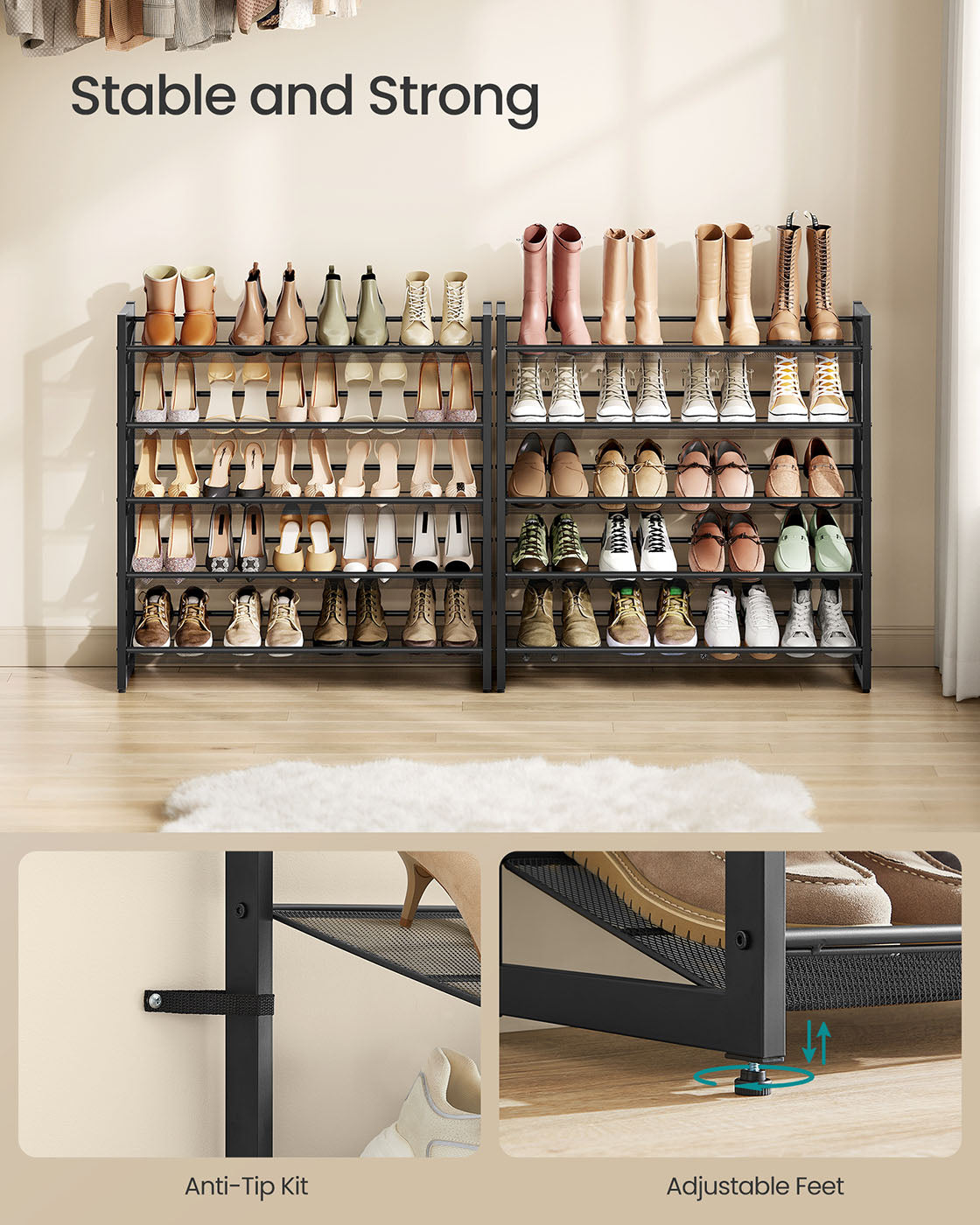 Shoe Rack, 8-Tier Shoe Organizer, Metal Shoe Storage for Garage, Entryway, Set of 2 4-Tier Stackable Shoe Shelf, with Adjustable Flat or Angled Shelves, Holds 32-40 Pairs, Black