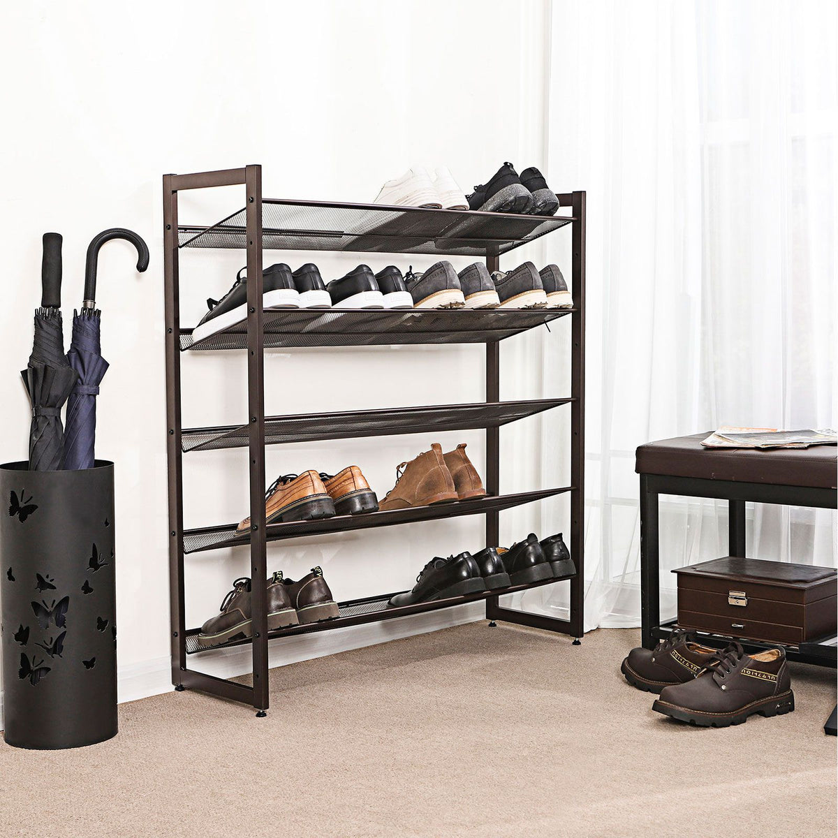 Shoe Rack, 5-Tier Stackable Shoe Storage Shelf, Metal Mesh