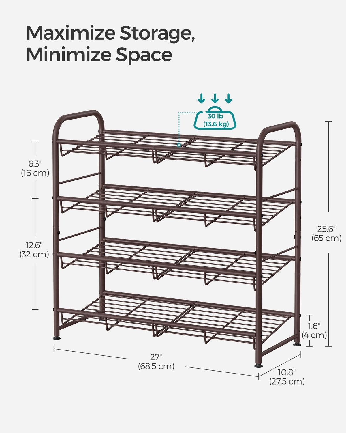 Stackable Shoe Rack, 4-Tier Shoe Rack Storage Organizer, Hold up to 16 Pairs, Steel, 27 x 10.8 x 25.6 Inches