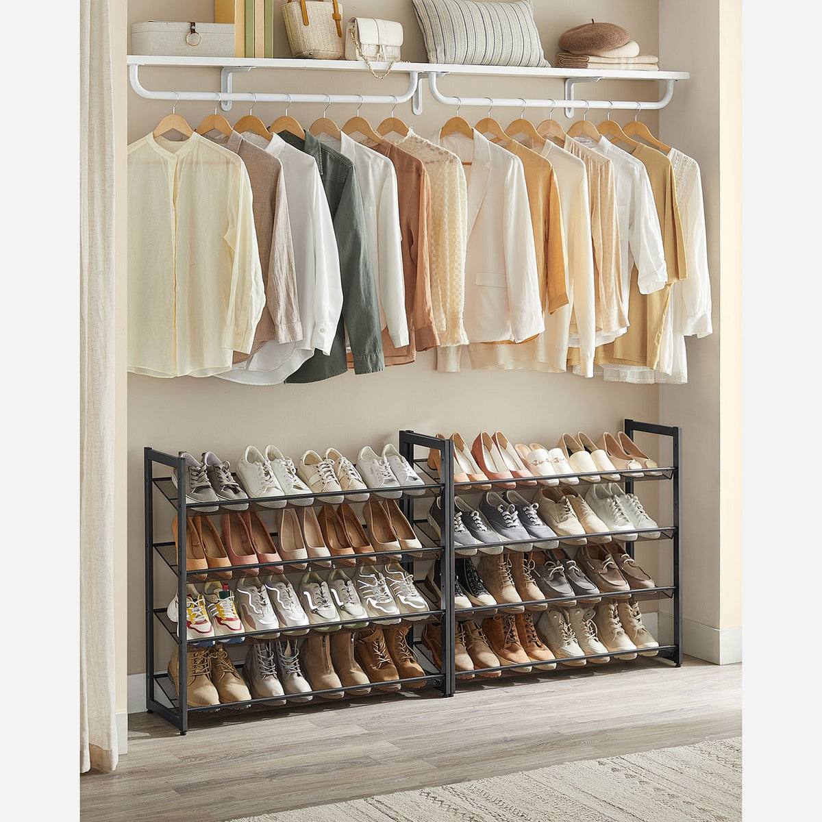 Shoe Rack, 8-Tier Shoe Organizer, Metal Shoe Storage for Garage, Entryway, Set of 2 4-Tier Stackable Shoe Shelf, with Adjustable Flat or Angled Shelves, Holds 32-40 Pairs, Black