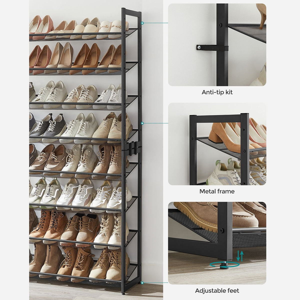Shoe Rack, 8-Tier Shoe Organizer, Metal Shoe Storage for Garage, Entryway, Set of 2 4-Tier Stackable Shoe Shelf, with Adjustable Flat or Angled Shelves, Holds 32-40 Pairs, Black