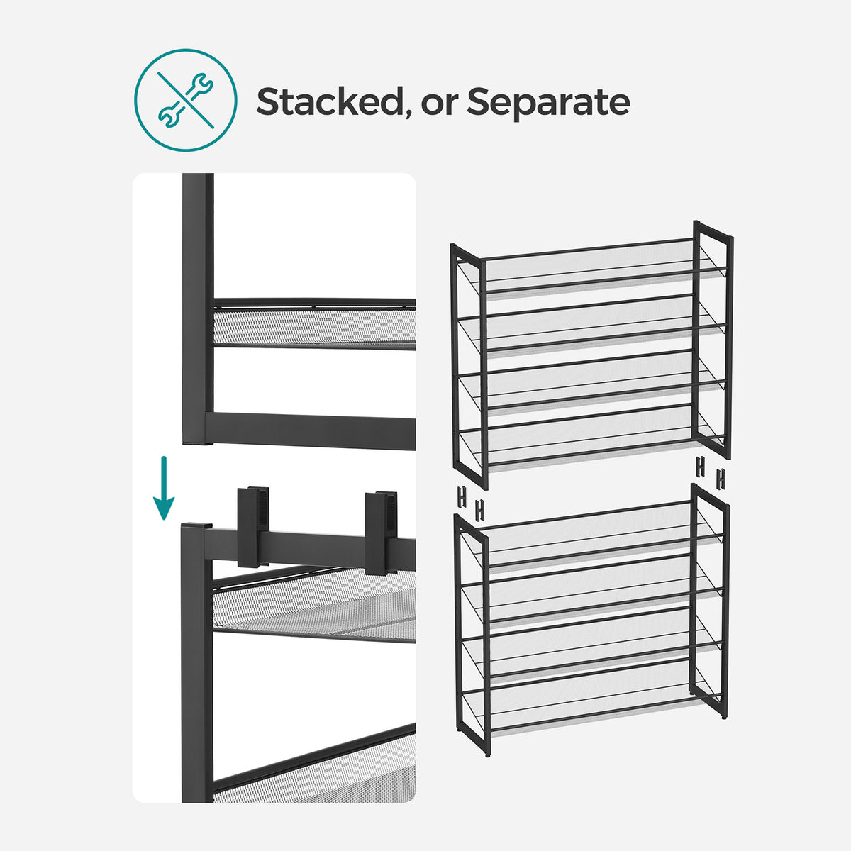 Shoe Rack, 8-Tier Shoe Organizer, Metal Shoe Storage for Garage, Entryway, Set of 2 4-Tier Stackable Shoe Shelf, with Adjustable Flat or Angled Shelves, Holds 32-40 Pairs, Black
