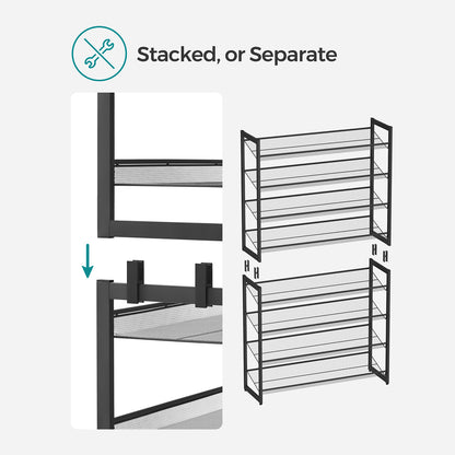Shoe Rack, 8-Tier Shoe Organizer, Metal Shoe Storage for Garage, Entryway, Set of 2 4-Tier Stackable Shoe Shelf, with Adjustable Flat or Angled Shelves, Holds 32-40 Pairs, Black