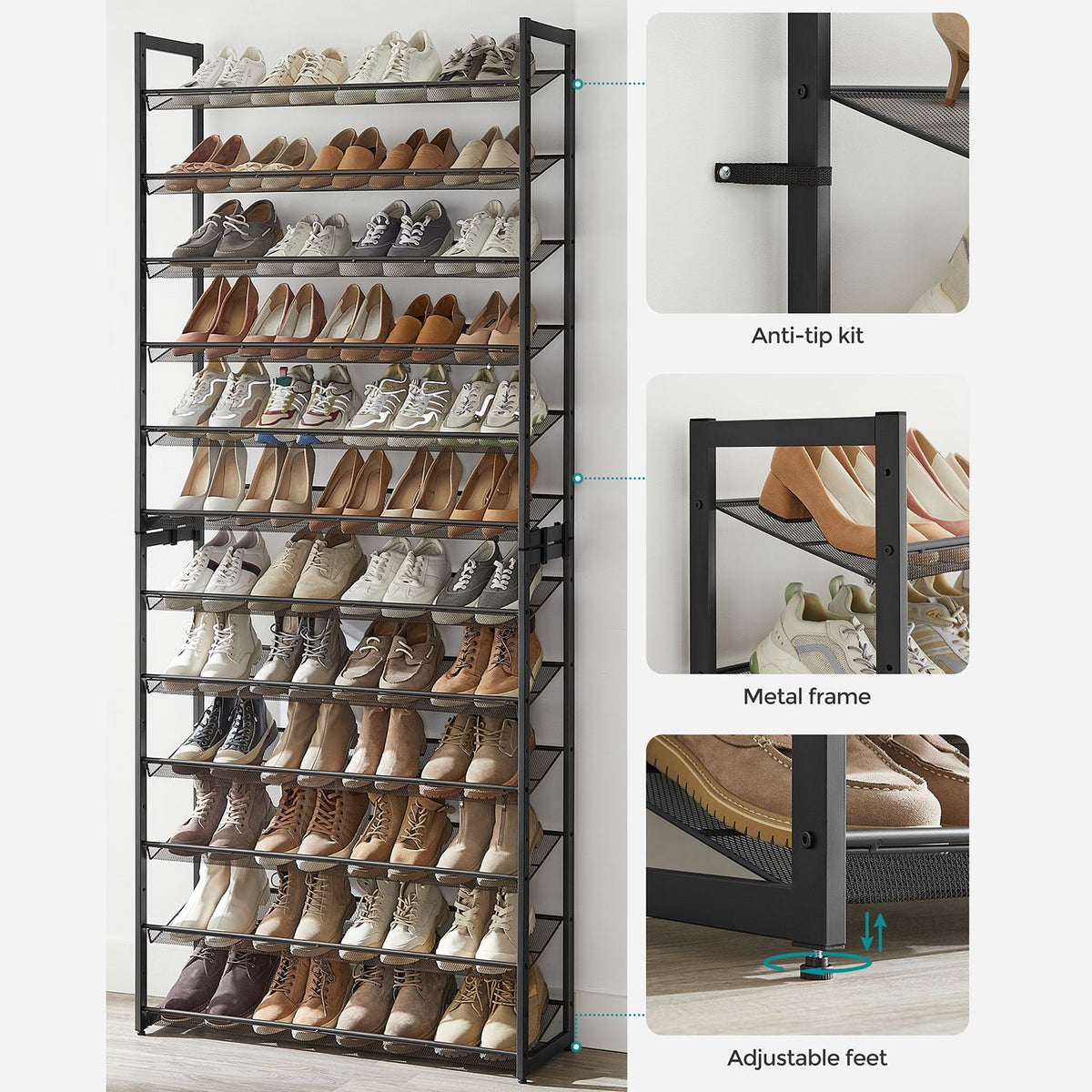 Shoe Rack, 12-Tier Metal Shoe Storage Organizer for Closet, Entryway, Garage, Set of 2 6-Tier Stackable Shoe Shelf, Adjustable Flat or Angled Shelves, Holds 48-60 Pairs, Black