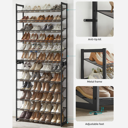 Shoe Rack, 12-Tier Metal Shoe Storage Organizer for Closet, Entryway, Garage, Set of 2 6-Tier Stackable Shoe Shelf, Adjustable Flat or Angled Shelves, Holds 48-60 Pairs, Black