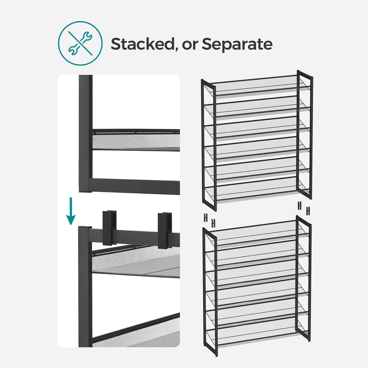 Shoe Rack, 12-Tier Metal Shoe Storage Organizer for Closet, Entryway, Garage, Set of 2 6-Tier Stackable Shoe Shelf, Adjustable Flat or Angled Shelves, Holds 48-60 Pairs, Black