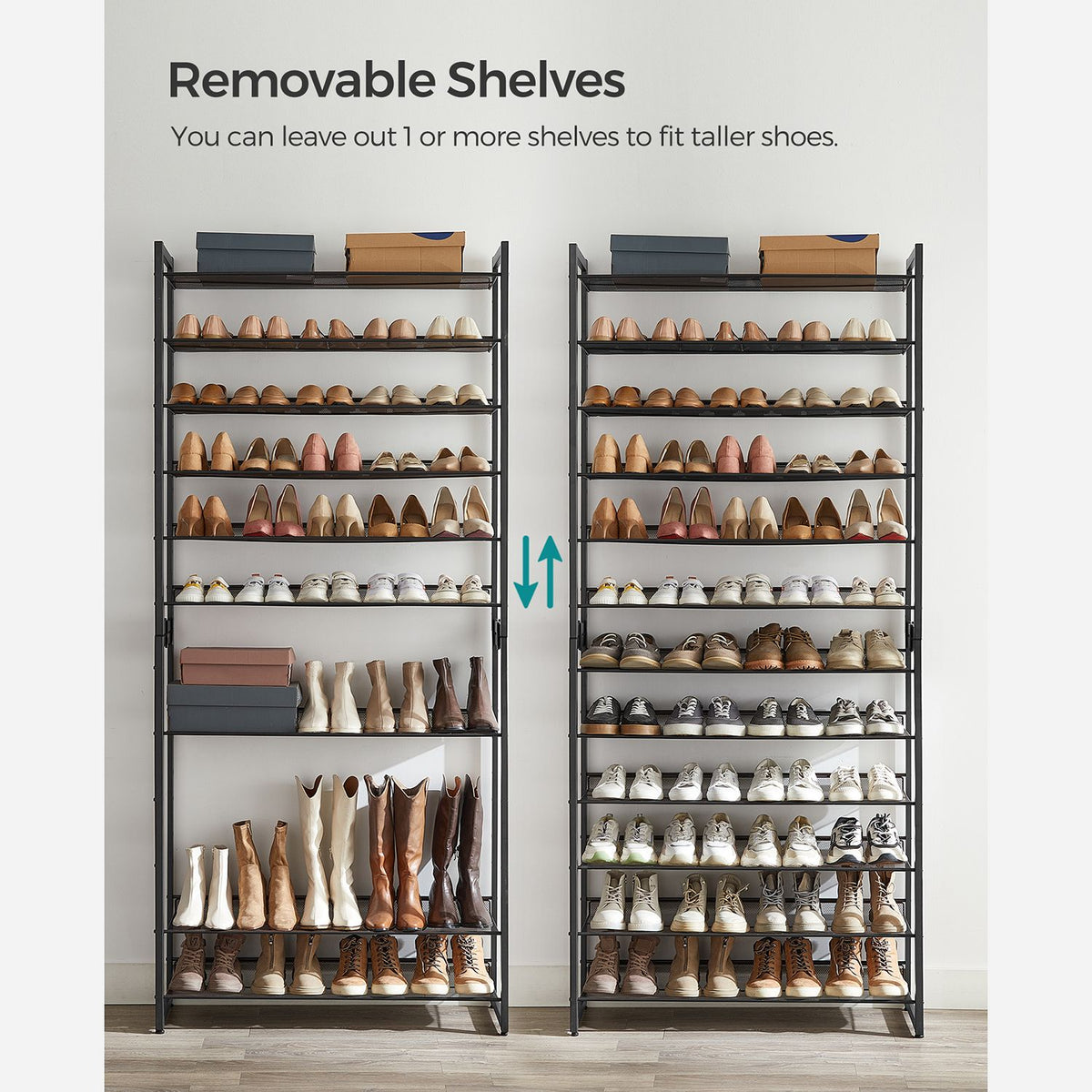 Shoe Rack, 12-Tier Metal Shoe Storage Organizer for Closet, Entryway, Garage, Set of 2 6-Tier Stackable Shoe Shelf, Adjustable Flat or Angled Shelves, Holds 48-60 Pairs, Black
