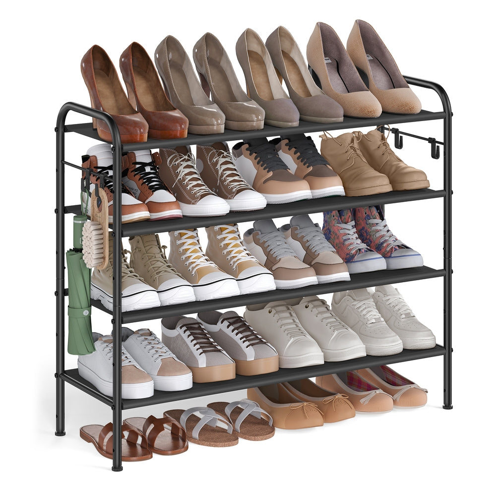 33.5" Wide 4-Tier Fabric Shoe Rack with 4 Hooks Ink Black - image 1