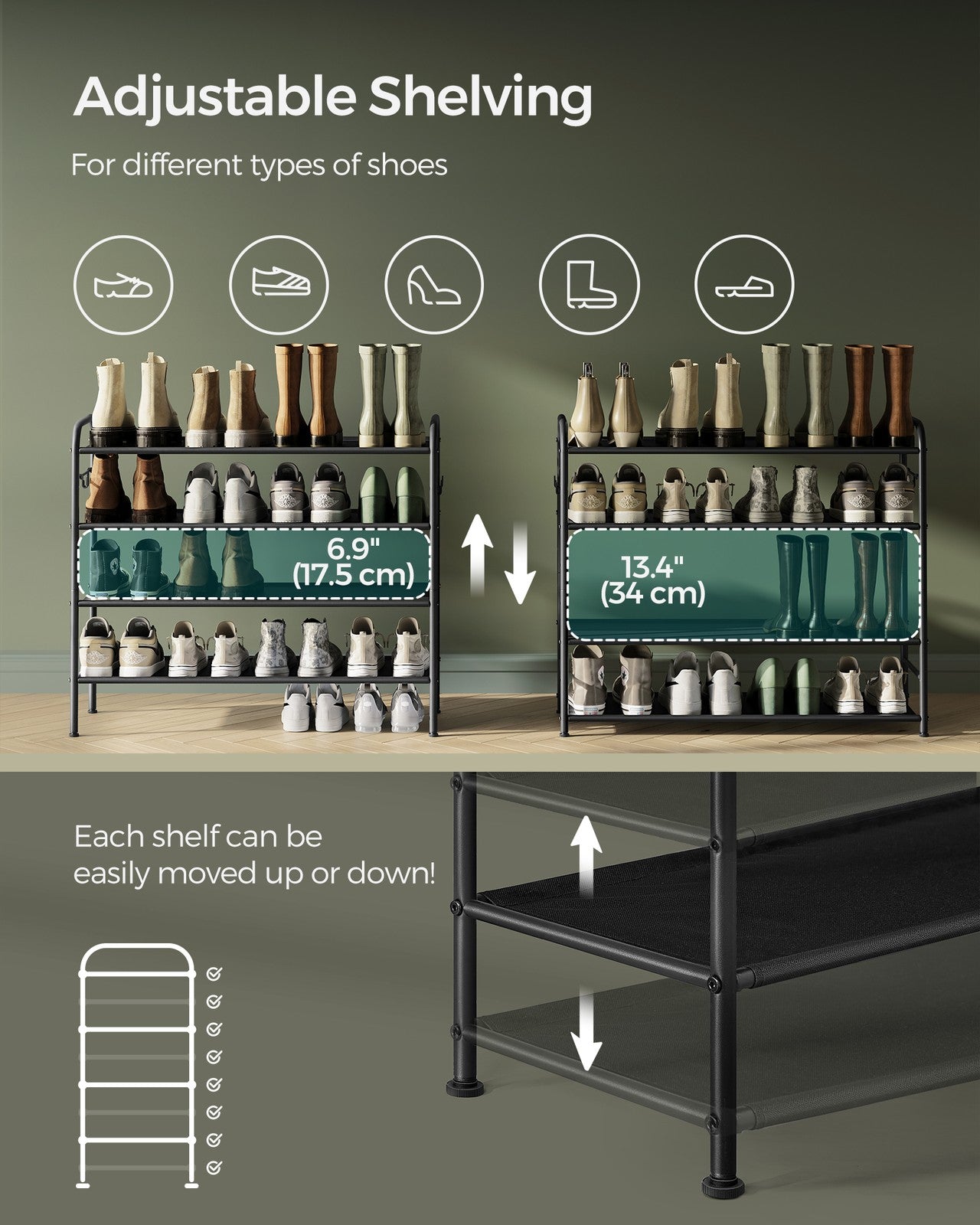 33.5" Wide 4-Tier Fabric Shoe Rack with 4 Hooks Ink Black - image 3