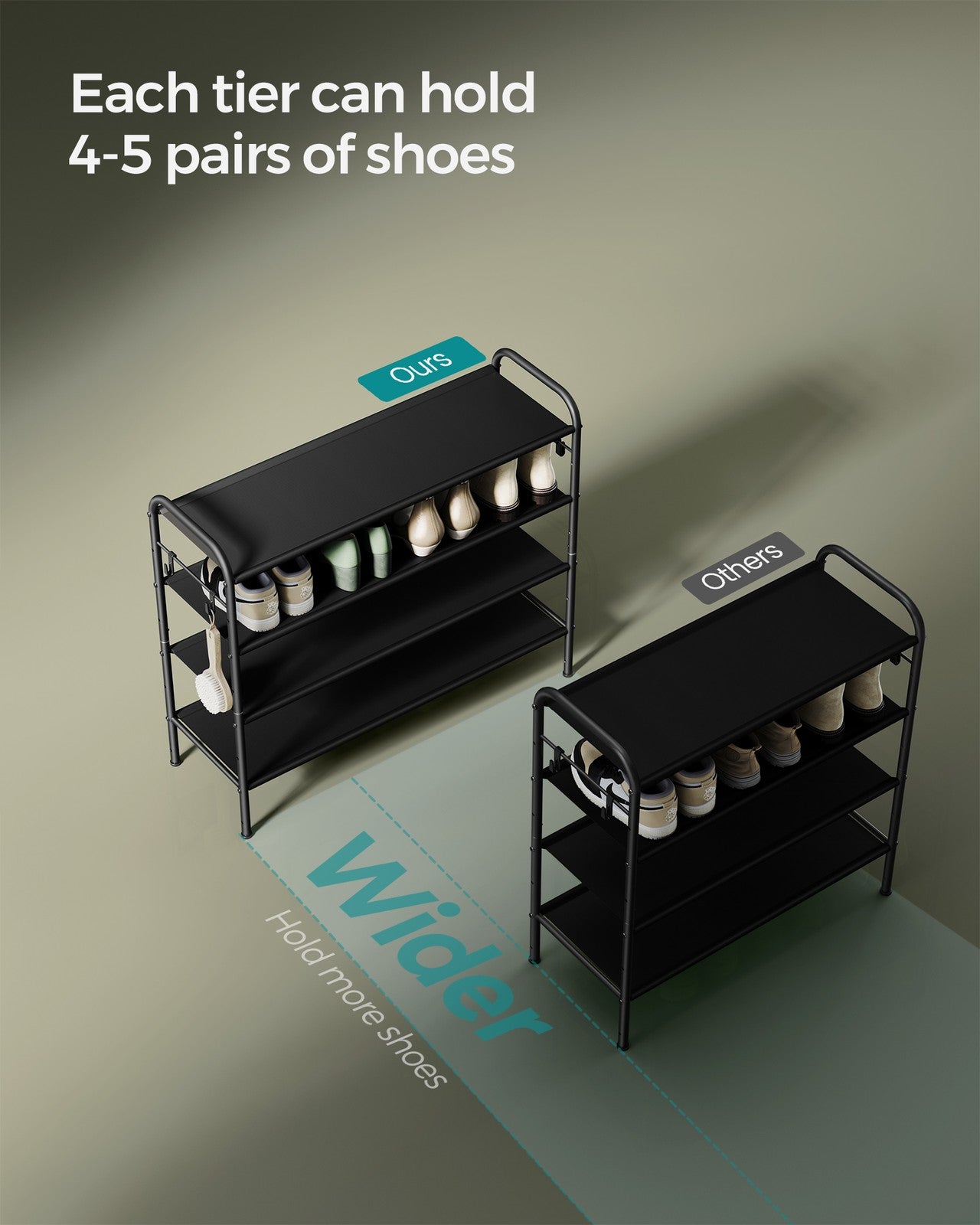 33.5" Wide 4-Tier Fabric Shoe Rack with 4 Hooks Ink Black - image 4