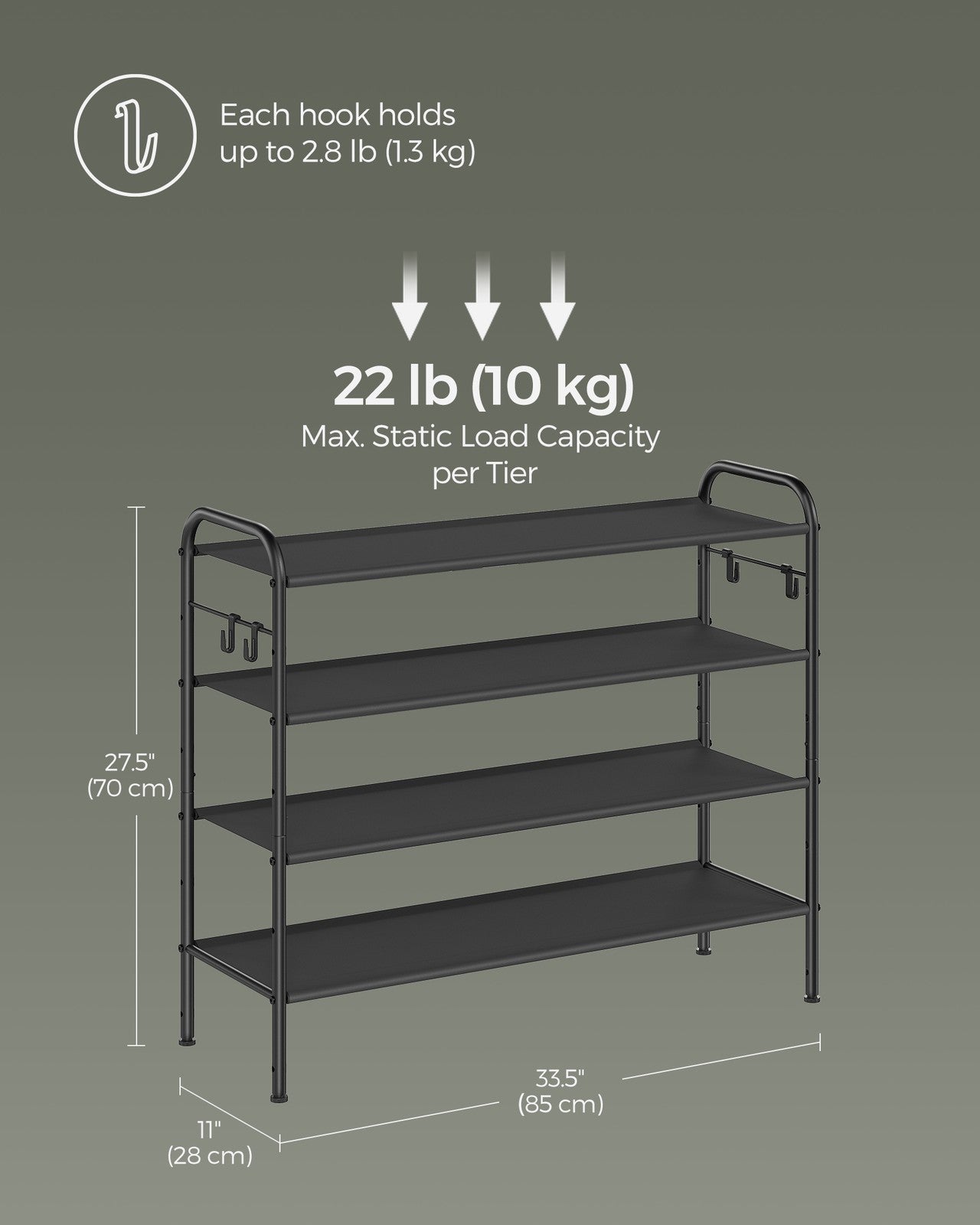 33.5" Wide 4-Tier Fabric Shoe Rack with 4 Hooks Ink Black - image 6