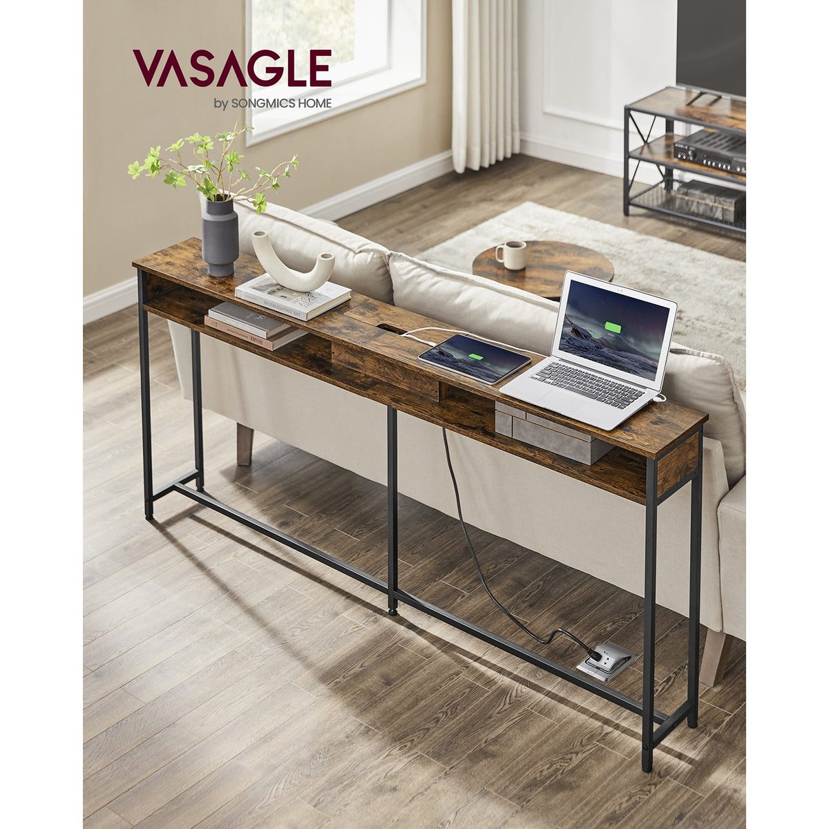 70 Inch Console Table with Outlet and Shelves
