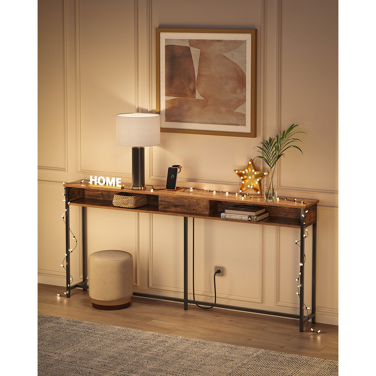70 Inch Console Table with Outlet and Shelves